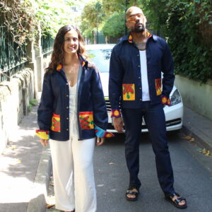 Veste en Jean bleu brut straight et kente brodé - La Kente Jeans jacket