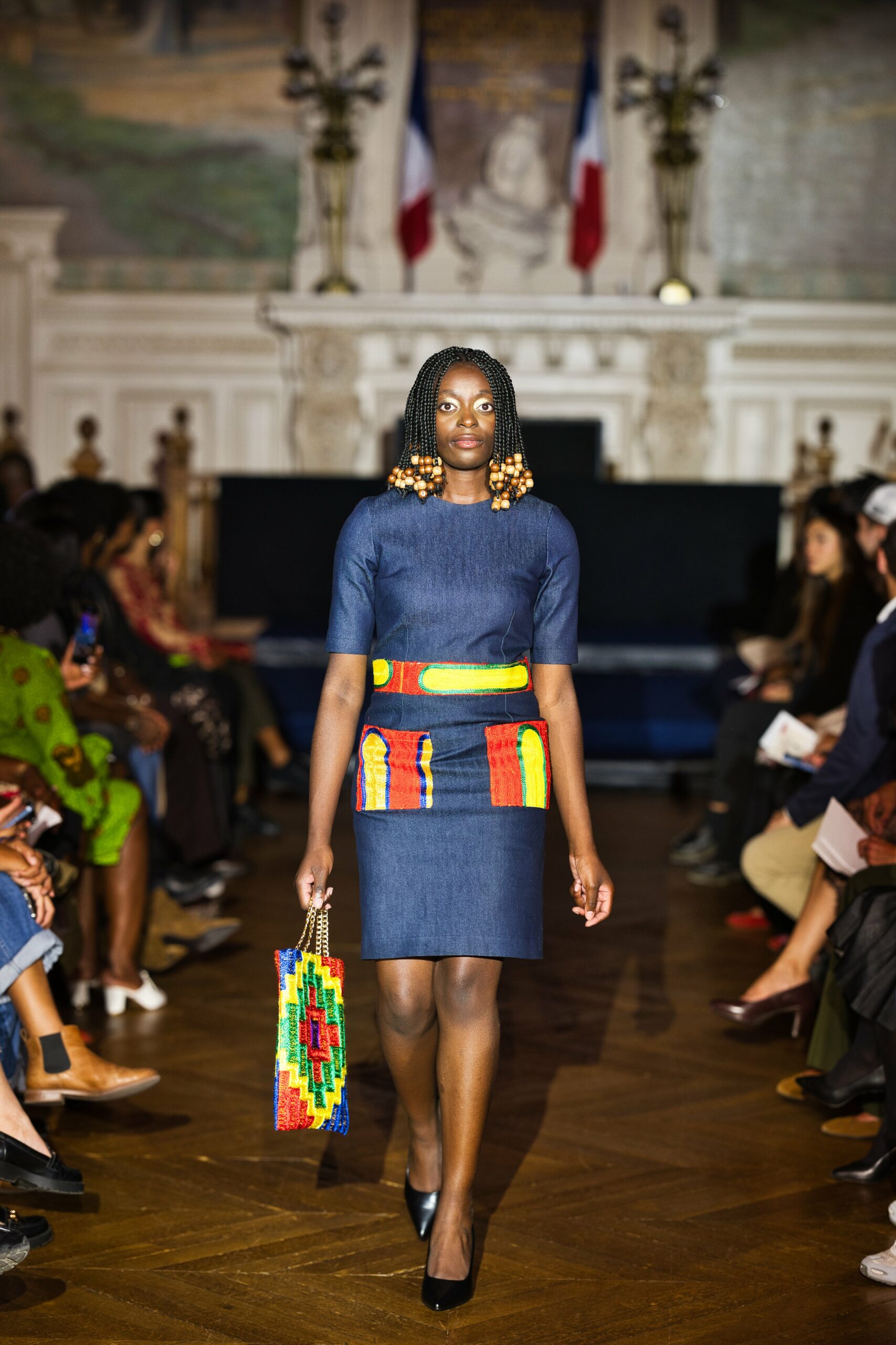 Robe Pockets jean bleu brut et kente jaune et blanc - KenteMust