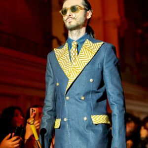 Veste de costume en jean bleu brut et kente jaune et blanc - Sunny Suit
