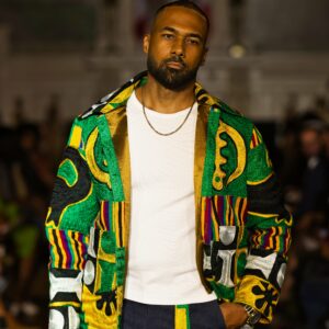 Veste en kente tissé et brodé vert doublée en soie - Flamboyante
